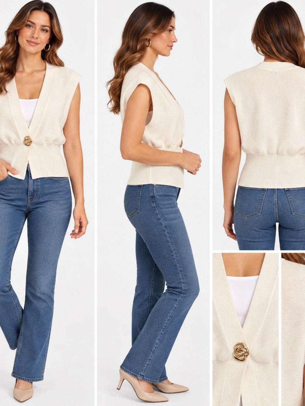 Cream V-Neck Sleeveless Knit Vest with Decorative Gold Button XXL